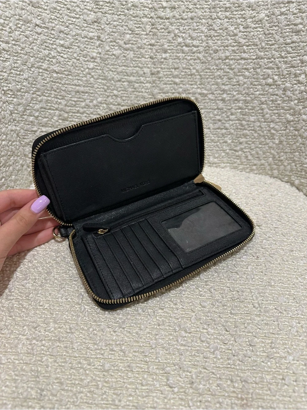 Michael Kors Black Saffiano Zip Card Holder with Gold Logo